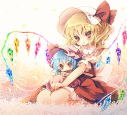 Rule 34 | 2girls, :o, aged down, bat wings, blonde hair, blue hair, blush, child, cup, dress, fang, finger to mouth, flandre scarlet, full body, gradient background, hat, hat ribbon, mini person, minigirl, mob cap, multiple girls, open mouth, pink dress, piyokichi, red dress, red eyes, remilia scarlet, ribbon, sash, saucer, seiza, short sleeves, side ponytail, sitting, sitting on lap, sitting on person, teacup, time paradox, touhou, wings