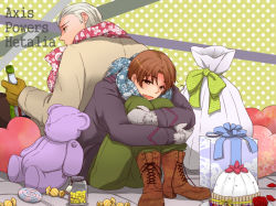 Rule 34 | 00s, 2boys, ahoge, alcohol, axis powers hetalia, blonde hair, boots, brown eyes, brown hair, cake, candy, champagne, coat, flower, food, germany (hetalia), gift, gloves, heart, lollipop, looking at viewer, multiple boys, northern italy (hetalia), open mouth, ribbon, scarf, stuffed animal, stuffed toy, sweets, tagme, teddy bear