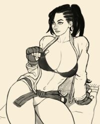 Rule 34 | 1girl, alternate costume, alternate hairstyle, asymmetrical hair, belt, bikini, black belt, black bikini, breasts, capcom, cleavage, commentary, cornrows, cromwaits, english commentary, fingerless gloves, gloves, hand under clothes, hand under swimsuit, highres, large breasts, laura matsuda, looking afar, lying, navel, on side, padded gloves, ponytail, sketch, solo, street fighter, street fighter v, swimsuit, toned