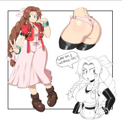 Rule 34 | 1girl, aerith gainsborough, ass, boots, braid, breasts, brown hair, buckle, cleavage, cosplay, dress, final fantasy, final fantasy vii, final fantasy vii remake, green eyes, large breasts, long hair, mossy, nail polish, panties, parted bangs, pink dress, solo, square enix, thick thighs, thighhighs, thighs, tifa lockhart, tifa lockhart (cosplay), underwear, v, vest, wide hips