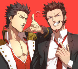 Rule 34 | 2boys, abs, absurdres, beard, black hair, blue eyes, brown hair, character request, cosplay, costume switch, crossover, epaulettes, facial hair, fate/grand order, fate (series), formal, hand on another&#039;s shoulder, highres, k (chissaiossan), long sideburns, long sleeves, looking at viewer, male focus, military, military uniform, multiple boys, muscular, napoleon bonaparte (fate), necktie, one eye closed, open clothes, pectorals, simple background, smile, uniform