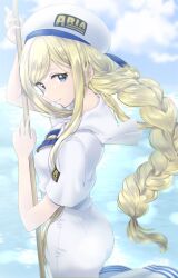 Rule 34 | 1girl, alicia florence, aogirism, aria (manga), aria company uniform, arm up, ass, beret, blonde hair, blue bow, blue bowtie, blue eyes, blue ribbon, blue sky, bow, bowtie, braid, braided ponytail, breasts, closed mouth, cloud, cloudy sky, commentary request, cowboy shot, from side, gold trim, hand up, hat, hat ribbon, highres, holding, holding oar, long hair, looking at viewer, medium breasts, oar, ocean, parted bangs, ribbon, sailor collar, short sleeves, sidelocks, sky, solo, very long hair, water, white hat
