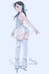 Rule 34 | 1girl, ahoge, ass, back, bare shoulders, black hair, blue background, blue bow, blue theme, blush, boots, bow, braid, brown eyes, choker, closed mouth, dated, female focus, french braid, from behind, full body, hair bow, hair ribbon, highres, ice skates, kokudou juunigou, leotard, long hair, looking at viewer, looking back, original, ribbon, see-through, see-through skirt, signature, simple background, skates, skirt, smile, solo, standing, thighhighs, thighs, underwear, white background, white footwear, white leotard, white thighhighs