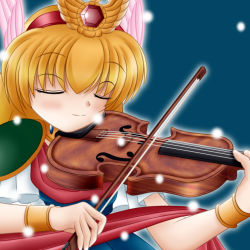 Rule 34 | 1990s (style), 1girl, akazukin chacha, blonde hair, blush, bracelet, closed eyes, instrument, jewelry, lowres, magical princess, music, playing instrument, retro artstyle, short sleeves, simple background, snow, tagme, violin, winged hair ornament