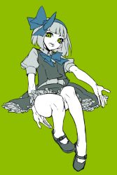 Rule 34 | 1girl, blunt bangs, bob cut, bow, flat color, green background, green eyes, hair bow, konpaku youmu, mary janes, open mouth, sash, shoes, silver hair, simple background, solo, thighs, thupoppo, touhou