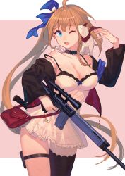 Rule 34 | 1girl, ahoge, animal, bag, battle rifle, black choker, black jacket, black thighhighs, blue eyes, breasts, brown hair, choker, cleavage, collarbone, dress, fal (girls&#039; frontline), feet out of frame, ferret, fn fal, girls&#039; frontline, gun, hair ribbon, handbag, holding, holding gun, holding weapon, jacket, large breasts, long hair, one eye closed, open mouth, peroncho, ribbon, rifle, shiny skin, short dress, simple background, solo, standing, thighhighs, thighs, very long hair, weapon, white dress
