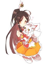 Rule 34 | 1girl, ahoge, animal ears, ara haan, ara han, bad id, bad pixiv id, bare shoulders, black hair, black sclera, blush, chinese clothes, claws, colored sclera, colorized, detached sleeves, elsword, fox, frilled skirt, frills, hair ornament, hairpin, heart, inna, kitsune, kyuubi, little xia (elsword), long hair, monster, multiple tails, skirt, solo, tail, thighhighs, white background, yellow eyes