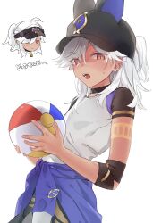 Rule 34 | 1boy, absurdres, animal hat, ball, black headwear, blush, clothes around waist, cyno (genshin impact), dark-skinned male, dark skin, genshin impact, gomi deshu, hair between eyes, hair over one eye, hat, highres, holding, holding ball, long hair, looking at viewer, male focus, multiple views, open mouth, piercing, red eyes, short sleeves, simple background, sweat, visor cap, white background, white hair