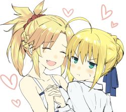 Rule 34 | 2girls, :d, ahoge, artoria pendragon (fate), blonde hair, blue ribbon, blush, braid, breasts, closed eyes, commentary request, fang, fate/grand order, fate (series), frown, gedou (ge ge gedou), green eyes, hair between eyes, hair bun, hair ornament, hair scrunchie, heart, holding hands, long hair, looking at viewer, mordred (fate), mordred (fate/apocrypha), mordred (memories at trifas) (fate), multiple girls, open mouth, ponytail, red scrunchie, ribbon, scrunchie, shirt, short hair, single hair bun, smile, v-shaped eyebrows, white shirt