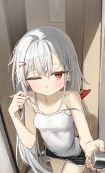 Rule 34 | 1girl, absurdres, bare arms, bare shoulders, black shorts, blush, breasts, camisole, closed mouth, collarbone, commentary, commission, dolphin shorts, grey hair, hair between eyes, hair ornament, hair ribbon, hairclip, hand up, highres, long hair, looking at viewer, one eye closed, open door, original, red eyes, red ribbon, ribbon, short shorts, shorts, sleepy, small breasts, solo, strap slip, syhan, very long hair, wavy mouth, white camisole
