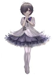 Rule 34 | 1boy, absurdres, ahoge, bad id, bad twitter id, black nails, collared dress, commentary, crossdressing, dress, frills, full body, grey hair, hair over one eye, hand on own cheek, hand on own face, hand up, highres, layered dress, legs together, looking at viewer, male focus, nail polish, namuta, no shoes, one eye covered, original, own hands together, pantyhose, parted lips, puffy short sleeves, puffy sleeves, purple dress, purple eyes, short dress, short hair, short sleeves, simple background, solo, standing, symbol-only commentary, trap, two-tone dress, white background, white dress, white pantyhose