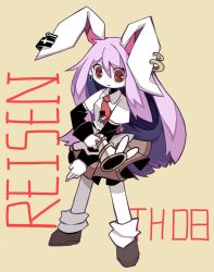 Rule 34 | 1girl, @ @, animal ears, bad id, bad twitter id, black sleeves, carrot pin, character name, collared shirt, commentary, dmebgsa3, dot nose, earrings, extra ears, full body, hair between eyes, highres, jewelry, long hair, looking at viewer, lunatic gun, necktie, parted lips, pink skirt, purple hair, rabbit ears, red eyes, red necktie, reisen udongein inaba, shirt, skirt, solo, standing, touhou, very long hair, white shirt
