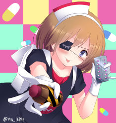 Rule 34 | 1girl, :p, backpack, bad id, bad pixiv id, bag, blush, bottle, brown hair, checkered background, collarbone, eyebrows, eyepatch, gloves, grey eyes, hairband, highres, holding, looking at viewer, muraji0419, original, outstretched arm, pill, short hair, short sleeves, solo, tongue, tongue out, twitter username