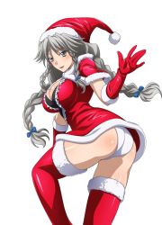 Rule 34 | 10s, 1girl, ass, back, blush, bow, braid, breasts, cleavage, elbow gloves, female focus, gloves, grayfia lucifuge, grey eyes, grey hair, hat, high school dxd, highres, large breasts, lipstick, long hair, makeup, matching hair/eyes, panties, red gloves, red lips, santa hat, solo, thighhighs, twin braids, underwear, white panties