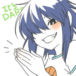 Rule 34 | 1girl, a-ka, basketball, blue hair, blush, clapping, english text, fang, gorillaz, grin, hair over one eye, looking at viewer, lowres, noodle (gorillaz), shirt, simple background, smile, solo, t-shirt, white background