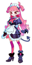 Rule 34 | 1girl, apron, black footwear, boots, demon girl, demon tail, donuttypd, dress, facial scar, frilled dress, frills, full body, gem, gloves, hair ornament, high heel boots, high heels, inferno cafe, long hair, looking at viewer, maid headdress, monster girl, open mouth, original, pink hair, puffy short sleeves, puffy sleeves, purple dress, purple gloves, red eyes, red gemstone, red thighhighs, scar, scar on cheek, scar on face, server, short sleeves, short twintails, simple background, skinny, smile, standing, striped clothes, striped dress, tail, teeth, thighhighs, twintails, vertical-striped clothes, vertical-striped dress, very long hair, waist apron, white apron, white background, zatahnia (donuttypd)