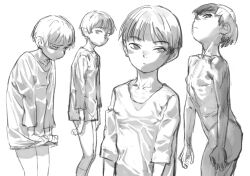 Rule 34 | 1girl, expressionless, female focus, flat chest, frown, highres, looking at viewer, monochrome, nude, original, parted lips, satou toshiyuki, shirt, shirt tug, short hair, sketch, slouching, solo