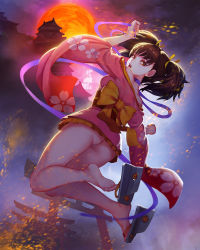 Rule 34 | 10s, 1girl, architecture, ass, barefoot, barefoot sandals (jewelry), bell, black hair, brown eyes, catwyz, choker, east asian architecture, feet, floral print, hair ribbon, highres, japanese clothes, jingle bell, kimono, koutetsujou no kabaneri, long sleeves, mumei (kabaneri), obi, panties, ribbon, sandals, sash, shoes, short kimono, single shoe, soles, solo, toes, torii, twintails, underwear, wide sleeves