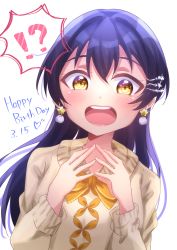Rule 34 | !?, 1girl, a lady in the moonlight (love live!), absurdres, artist name, artist request, blue hair, blush, bow, bowtie, breasts, brown bow, close-up, dated, earrings, embarrassed, female focus, hair between eyes, hair ornament, hairclip, highres, jewelry, long hair, looking at viewer, love live!, love live! school idol festival, love live! school idol festival all stars, love live! school idol project, orange bow, parted lips, pink lips, pom pom (clothes), pom pom earrings, shell hair ornament, smile, solo, sonoda umi, star (symbol), star earrings, surprised, sweater, upper body, watch, white sweater, wristwatch, yellow eyes