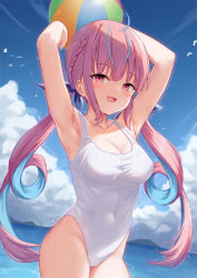 Rule 34 | 1girl, :d, armpits, arms up, ball, bare arms, beachball, blue hair, blue sky, blush, braid, breasts, cleavage, cloud, cloudy sky, covered navel, day, highres, holding, holding ball, hololive, long hair, looking at viewer, medium breasts, milkshakework, minato aqua, multicolored hair, one-piece swimsuit, open mouth, outdoors, pink hair, purple eyes, sidelocks, sky, smile, solo, streaked hair, swimsuit, twintails, two-tone hair, very long hair, virtual youtuber, water, white one-piece swimsuit