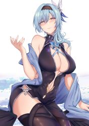 Rule 34 | 1girl, absurdres, alternate costume, bare shoulders, black dress, black hairband, black thighhighs, blue hair, blush, breasts, commentary request, dress, eula (genshin impact), genshin impact, hair between eyes, hair ornament, hairband, hand up, highres, hiroshi (2443303124), large breasts, long hair, looking at viewer, shawl, simple background, sleeveless, sleeveless dress, smile, solo, thighhighs, thighs, white background