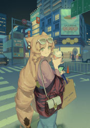Rule 34 | 1girl, alternate costume, animal ears, apartment, arknights, bag, billboard, brand name imitation, building, car, cat ears, cellphone, chinese commentary, chinese text, city, commentary request, contemporary, convenience store, crosswalk, cup, dangle earrings, disposable cup, drill hair, drill sidelocks, drinking straw, earrings, eyewear on head, favilia, fence, food, grin, handbag, holding, holding phone, intersection, jewelry, long hair, long skirt, looking at viewer, looking back, louis vuitton (brand), motor vehicle, night, noodles, off shoulder, outdoors, phone, ramen, road, road sign, shop, shopping bag, sidelocks, sign, skirt, skyscraper, smartphone, smile, solo, street, sunglasses, sweater, swire (arknights), tail, text messaging, tiger stripes, tiger tail, traffic cone, traffic light, translation request, truck, twintails, very long hair