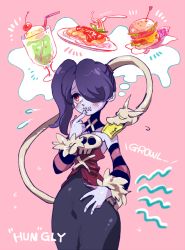 Rule 34 | 1girl, blue skin, blush, burger, colored skin, detached collar, detached sleeves, dress, ekubo (ciaobero), food, hair over one eye, hungry, ice cream, leviathan (skullgirls), red eyes, side ponytail, skull, skullgirls, squigly (skullgirls), stitched mouth, stitches, zombie