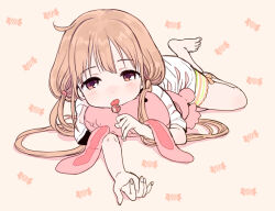 Rule 34 | 1girl, amezawa koma, blonde hair, brown eyes, candy, candy print, food, full body, futaba anzu, holding, holding candy, holding food, holding lollipop, idolmaster, idolmaster cinderella girls, licking, lollipop, long hair, looking at viewer, low twintails, lying, on stomach, shirt, shorts, solo, stuffed animal, stuffed rabbit, stuffed toy, tongue, tongue out, twintails