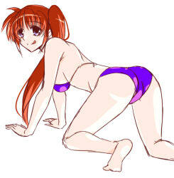 Rule 34 | 1girl, :q, all fours, ass, bare arms, bare legs, barefoot, bikini, blue eyes, brown hair, closed mouth, engo (aquawatery), hair between eyes, long hair, looking at viewer, lyrical nanoha, mahou shoujo lyrical nanoha strikers, purple bikini, side ponytail, simple background, sketch, smile, solo, swimsuit, takamachi nanoha, tongue, tongue out, very long hair, white background