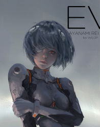 Rule 34 | 1girl, artist name, ayanami rei, bandage over one eye, bandages, blue hair, bodysuit, breasts, character name, commentary, hand on own arm, highres, interface headset, looking at viewer, neon genesis evangelion, pilot suit, plugsuit, red eyes, short hair, small breasts, solo, upper body, white bodysuit, wlop