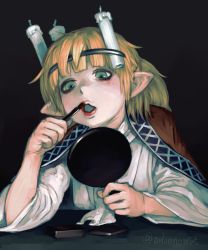 Rule 34 | black background, blonde hair, blouse, brown robe, candle, envenomist (gengoroumaru), green eyes, hairband, half updo, highres, looking down, makeup, mirror, mizuhashi parsee, pointy ears, ponytail, puckered lips, robe, shirt, simple background, solo, touhou, white shirt, wide sleeves