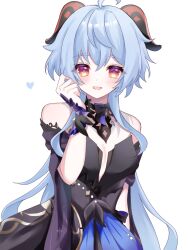 Rule 34 | 1girl, :d, ahoge, bare shoulders, black dress, blue hair, commentary request, cosplay, dress, ganyu (genshin impact), genshin impact, hand up, heart, horns, keqing (genshin impact), keqing (genshin impact) (cosplay), kino (curry pan), long hair, looking at viewer, off-shoulder dress, off shoulder, open mouth, orange eyes, short sleeves, simple background, smile, solo, upper body, very long hair, white background