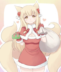 Rule 34 | 1girl, animal ears, blonde hair, blush, breasts, cleavage, fox ears, fox tail, gloves, heart, incoming gift, long hair, looking at viewer, multiple tails, ryokucha no ki, shikihime zoushi, smile, solo, tail