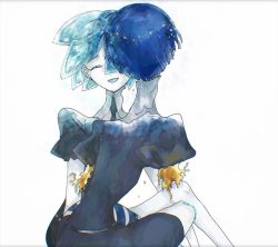 Rule 34 | 2others, androgynous, aqua hair, blue hair, colored eyelashes, crystal hair, dual persona, closed eyes, face-to-face, gem uniform (houseki no kuni), gold, highres, houseki no kuni, looking at another, missing limb, multiple others, natsuda (noom soh), necktie, phosphophyllite, phosphophyllite (ll), short hair, sitting, smile, spoilers, white background
