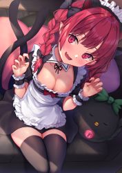 Rule 34 | 1girl, alternate costume, animal ears, apron, bow, braid, breasts, cat ears, cat tail, cleavage, couch, dress, enmaided, hair bow, highres, kaenbyou rin, maid, maid apron, maid headdress, medium breasts, multiple tails, red eyes, red hair, sitting, solo, tail, thighhighs, touhou, twin braids, two tails, white apron, wowoguni, wrist cuffs