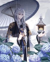 Rule 34 | 1boy, blush, braid, flower, fog, grey sky, holding, holding umbrella, hydrangea, japanese clothes, kimono, leaf, long hair, looking at viewer, looking to the side, male focus, original, outdoors, outstretched hand, purple eyes, rain, silver hair, single braid, sky, smile, solo, srb7606, standing, umbrella, wavy hair, wide sleeves