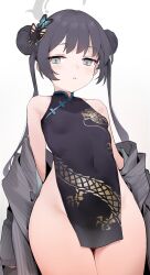 Rule 34 | 1girl, bare shoulders, black dress, black hair, blue archive, breasts, butterfly hair ornament, china dress, chinese clothes, covered navel, double bun, dress, grey eyes, grey jacket, groin, hair bun, hair ornament, halo, highres, jacket, kisaki (blue archive), long hair, looking at viewer, off shoulder, pinstripe jacket, pinstripe pattern, rong hui, small breasts, solo, striped, thighs, twintails