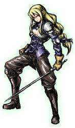 Rule 34 | 1girl, agrias oaks, armor, armored boots, boots, braid, braided ponytail, brown gloves, female focus, final fantasy, final fantasy tactics, full body, gloves, gradient background, highres, holding, holding sword, holding weapon, knee boots, long hair, looking at viewer, okometubu, pants, red eyes, simple background, single braid, solo, standing, sword, very long hair, weapon, white background