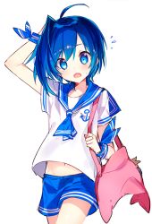 Rule 34 | 1boy, ahoge, arm up, blue eyes, blue hair, blue shorts, blush, cardfight!! vanguard, cowboy shot, looking at viewer, male focus, midriff peek, name (oiuio), navel, open mouth, sailor, sendou aichi, short sleeves, shorts, simple background, solo, white background