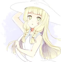 Rule 34 | 1girl, bare arms, bare shoulders, blonde hair, blunt bangs, braid, character name, collared dress, creatures (company), dress, game freak, green eyes, hat, lillie (pokemon), long hair, looking at viewer, nintendo, open mouth, pokemon, pokemon sm, sleeveless, sleeveless dress, solo, sun hat, sundress, twin braids, upper body, white dress, white hat, yuri (ccsmc y9)