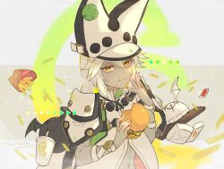 Rule 34 | 1girl, burger, cup, dark-skinned female, dark skin, disposable cup, eating, food, french fries, guilty gear, holding, holding burger, holding food, long hair, looking at viewer, lucifero (guilty gear), ramlethal valentine, white hair, yellow eyes, youmicitrustea