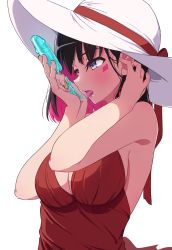 Rule 34 | 1girl, adjusting hair, alternate costume, azki (hololive), black hair, blue eyes, blush, breasts, cleavage, colored inner hair, commentary, dress, facepaint, food, from side, hand in own hair, hat, highres, holding, holding food, hololive, large breasts, licking, loeldrive, medium hair, multicolored eyes, multicolored hair, open mouth, pink hair, popsicle, purple eyes, red dress, simple background, sleeveless, sleeveless dress, solo, sun hat, tongue, tongue out, two-tone hair, upper body, virtual youtuber, white background, white hat