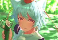 Rule 34 | 1girl, :d, animal ears, bamboo, blurry, blurry background, close-up, commentary request, detached sleeves, fang, hand up, hat, highres, inubashiri momiji, light blush, looking at viewer, open mouth, orange eyes, outdoors, pom pom (clothes), portrait, red hat, ribbon-trimmed clothes, ribbon-trimmed sleeves, ribbon trim, shadow, shirt, short hair, sidelocks, smile, solo, tokin hat, touhou, white hair, white shirt, wolf ears, yamabuki (yamabuki xxxxx)