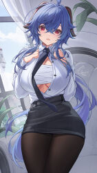 Rule 34 | 1girl, ahoge, armchair, bandages, black skirt, blue hair, breasts, catsmoon, chair, chest sarashi, cleavage, collared shirt, commentary, commentary request, crossed bangs, curtains, dress shirt, ganyu (genshin impact), genshin impact, goat horns, hair between eyes, hands on own chest, highres, horns, indoors, large breasts, long hair, low ponytail, office lady, open mouth, paid reward available, pantyhose, pencil skirt, red eyes, sarashi, shirt, shirt tucked in, signature, skirt, solo, unbuttoned, unbuttoned shirt, very long hair, white shirt, window