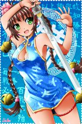 Rule 34 | 1girl, artist name, bell, blue background, blue dress, border, bracelet, braid, breasts, brown hair, china dress, chinese clothes, cowboy shot, dr rex, dress, dutch angle, flower, green eyes, hair flower, hair ornament, highres, holding, holding sword, holding weapon, jewelry, looking at viewer, medium breasts, open mouth, original, sleeveless, solo, standing, sword, thigh strap, twin braids, weapon, white border