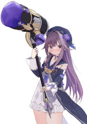 Rule 34 | 1girl, beret, chain, choker, clothing cutout, cowboy shot, doll joints, flower, hair flower, hair ornament, hammer, hat, herta (honkai: star rail), highres, holding, holding hammer, holding weapon, honkai: star rail, honkai (series), joints, key, lock, looking at viewer, purple eyes, purple hair, purple nails, safety pin, shiisaa3, shoulder cutout, simple background, solo, weapon, white background