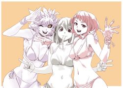 Rule 34 | 10s, 3girls, :d, ;d, absurdres, archvermin, arm around shoulder, ashido mina, asui tsuyu, bikini, black sclera, blush, boku no hero academia, breasts, cleavage, colored sclera, double v, groin, highres, large breasts, long tongue, looking at viewer, monster girl, multiple girls, multiple monochrome, muted color, navel, one eye closed, open mouth, orange background, red eyes, red hair, short hair, side-tie bikini bottom, smile, swimsuit, tongue, tongue out, uraraka ochako, v, yellow eyes