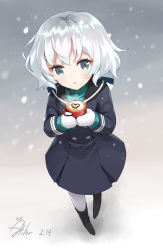 Rule 34 | 1girl, aliter, alternate legwear, aqua shirt, artist name, black dress, black sailor collar, blue eyes, blush, boots, chocolate, cup, dated, dress, flat chest, from above, gloves, hair between eyes, hair ribbon, heart, highres, holding, holding cup, konno junko, latte art, long hair, long sleeves, looking at viewer, looking up, low twintails, mittens, mug, outdoors, pantyhose, ribbed shirt, ribbon, sailor collar, sailor dress, scarf, school uniform, shirt, smile, snowing, solo, steam, turtleneck, twintails, valentine, white gloves, white hair, white pantyhose, zombie land saga