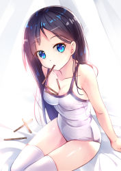 Rule 34 | 1girl, arm support, bad id, bad pixiv id, bed sheet, between breasts, black hair, blue eyes, breasts, collarbone, eyebrows, food, legs together, long hair, looking at viewer, medium breasts, mouth hold, one-piece swimsuit, original, pocky, revision, shiny skin, sitting, solo, swimsuit, thighhighs, thighs, white one-piece swimsuit, white thighhighs, yan (nicknikg)