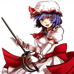 Rule 34 | 1girl, ascot, bad id, bad pixiv id, bow, brooch, elbow gloves, female focus, gloves, hat, jewelry, nosuku, purple hair, rapier, red eyes, remilia scarlet, ribbon, short hair, solo, sword, touhou, weapon, white gloves, wrist cuffs